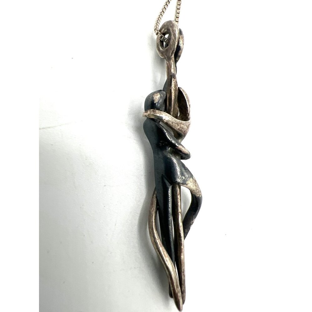 Silver Couple Pendant Necklace 18" Chain Yin Yang Dance Abstract Modernist Vtg - Picture 3 of 10